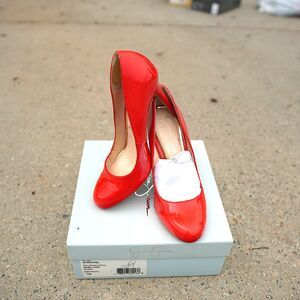 Jessica Simpson Rachel Patent Leather Pumps Aruba Coral Red Heels 7M Stiletto